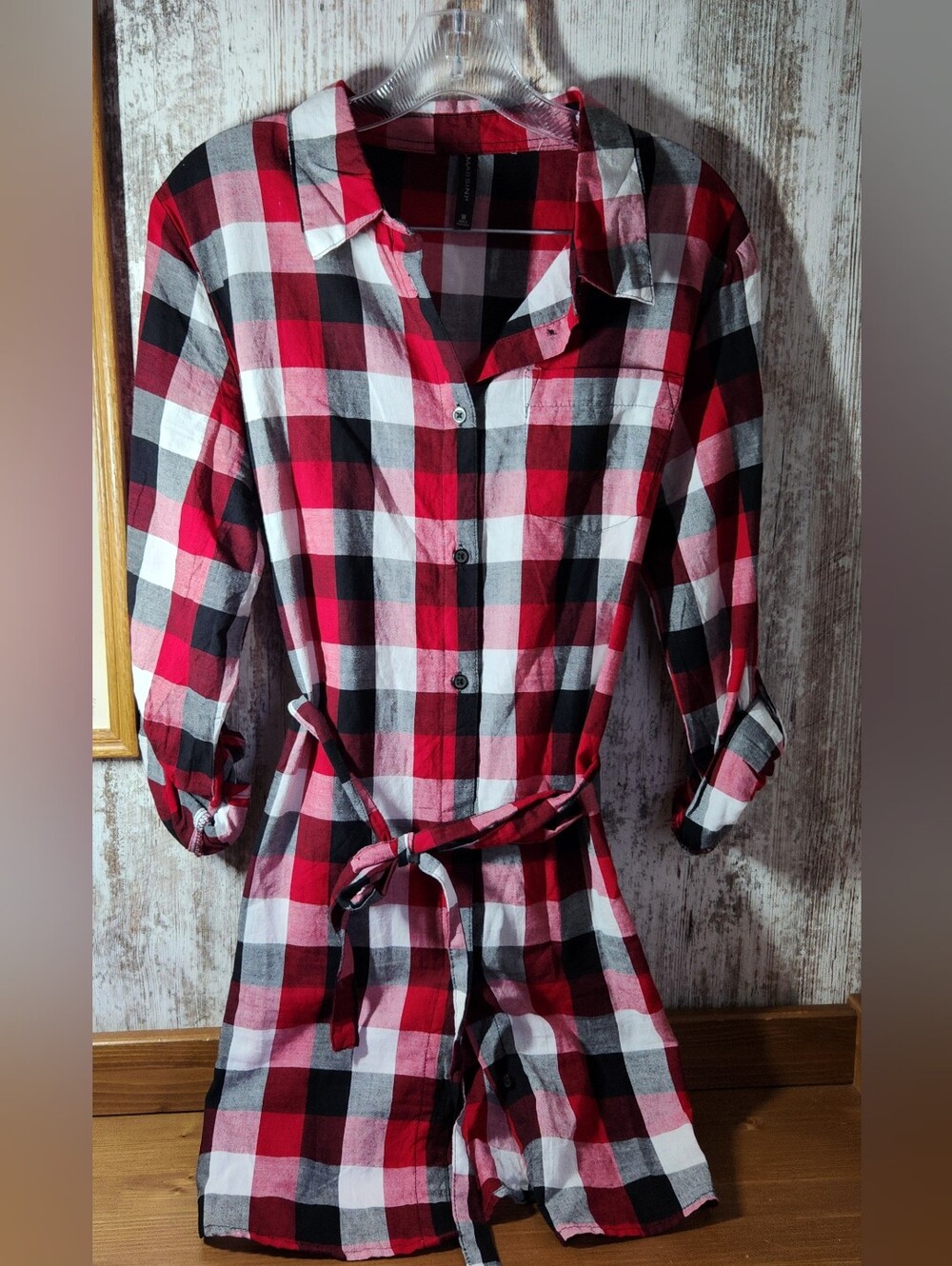 Massini Red Black White Buffalo Plaid Shirt Dress Belted Tunic S8ze M
